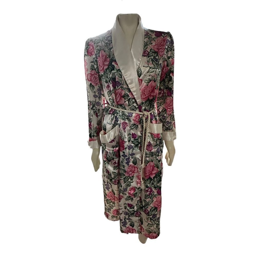Vandemere Women's Floral Self Tie Waist Long Robe Pearl White Pink Medium